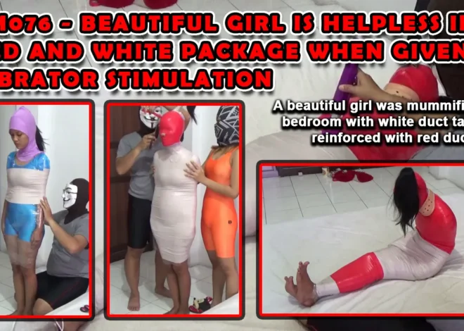 RM076-Beautiful girl is helpless in red and white package when given vibrator stimulation