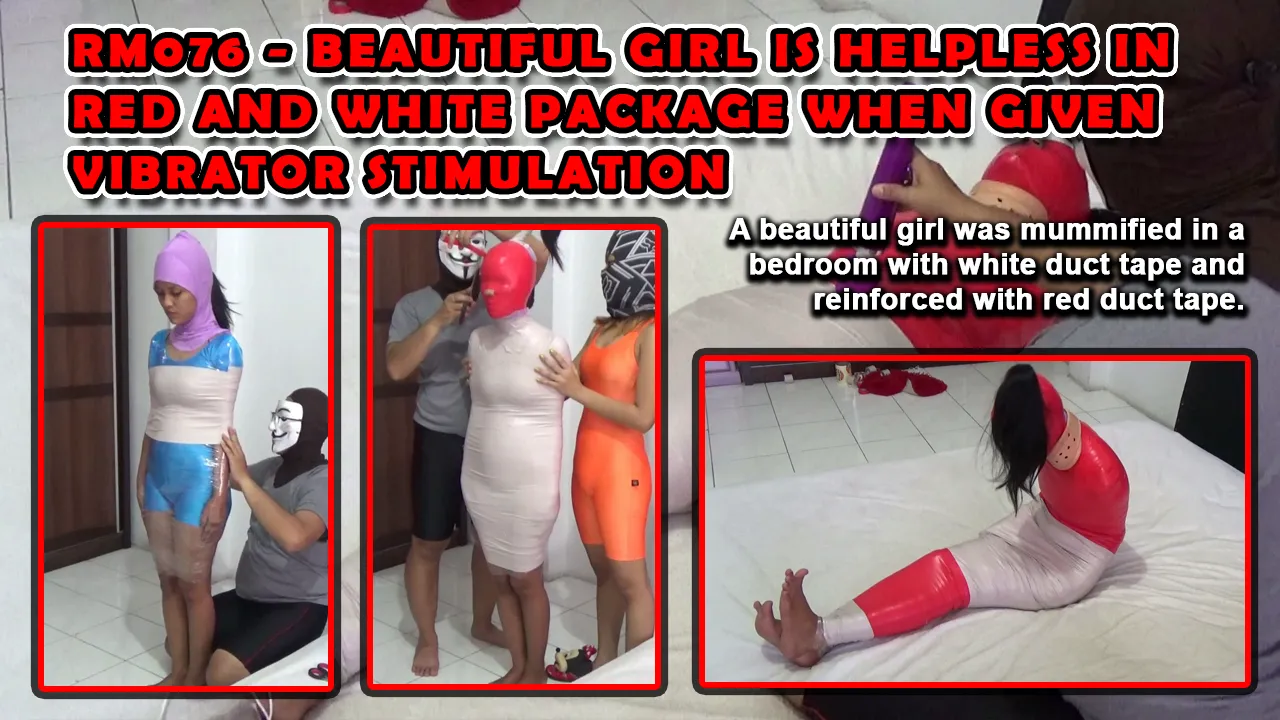 RM076-Beautiful girl is helpless in red and white package when given vibrator stimulation