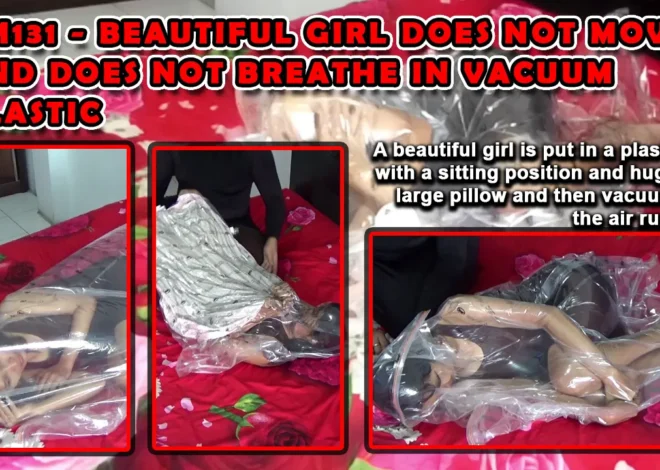 RM131-Beautiful girl does not move and does not breathe in vacuum plastic