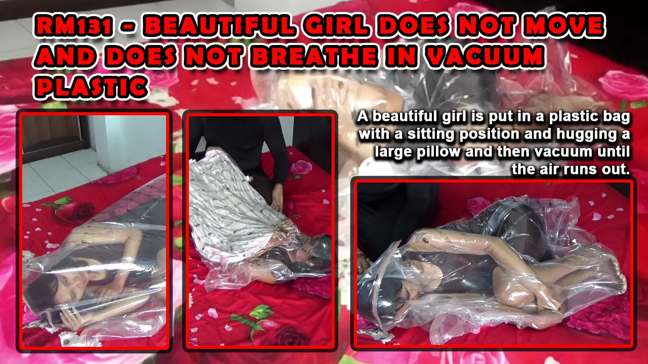 RM131-Beautiful girl does not move and does not breathe in vacuum plastic