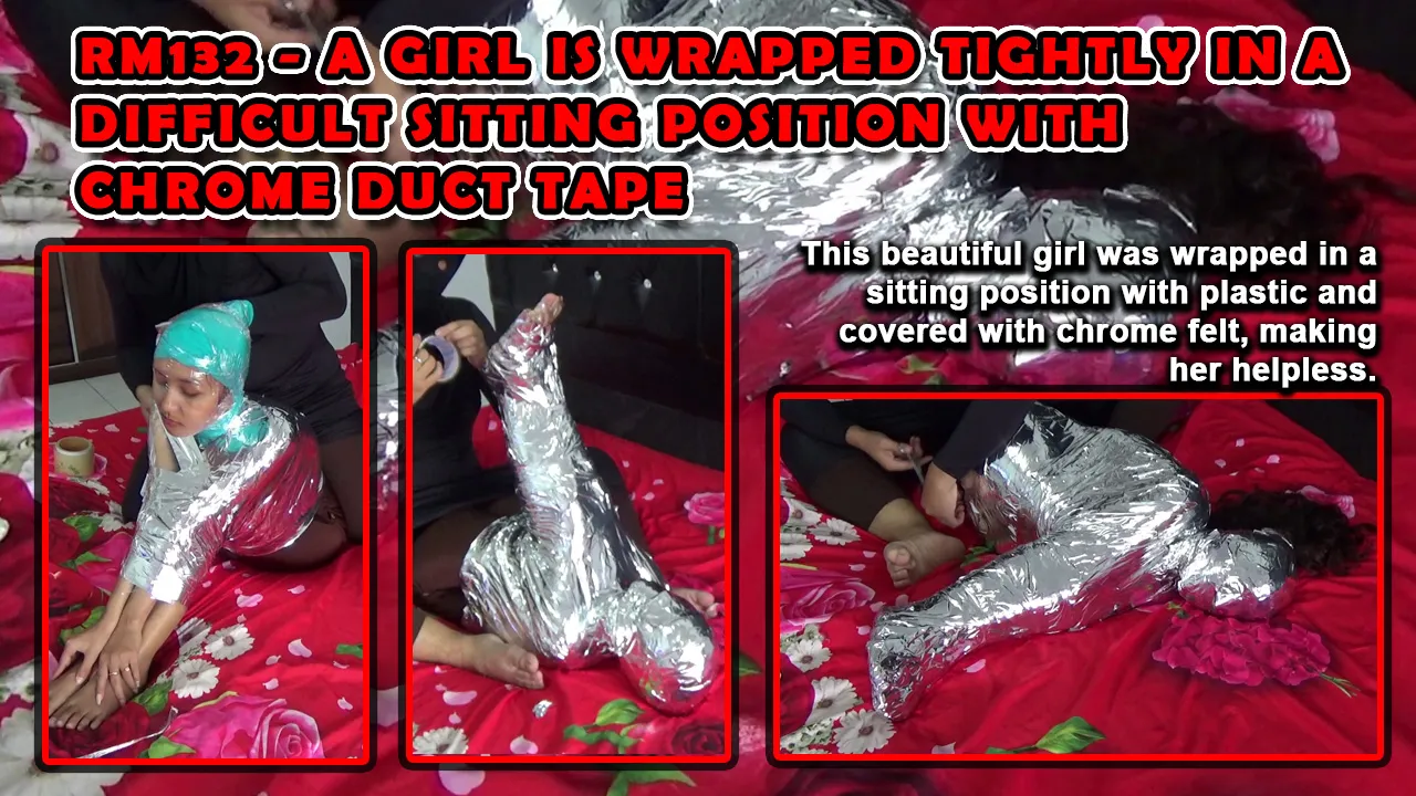 RM132-A girl is wrapped tightly in a difficult Sitting position with chrome duct tape